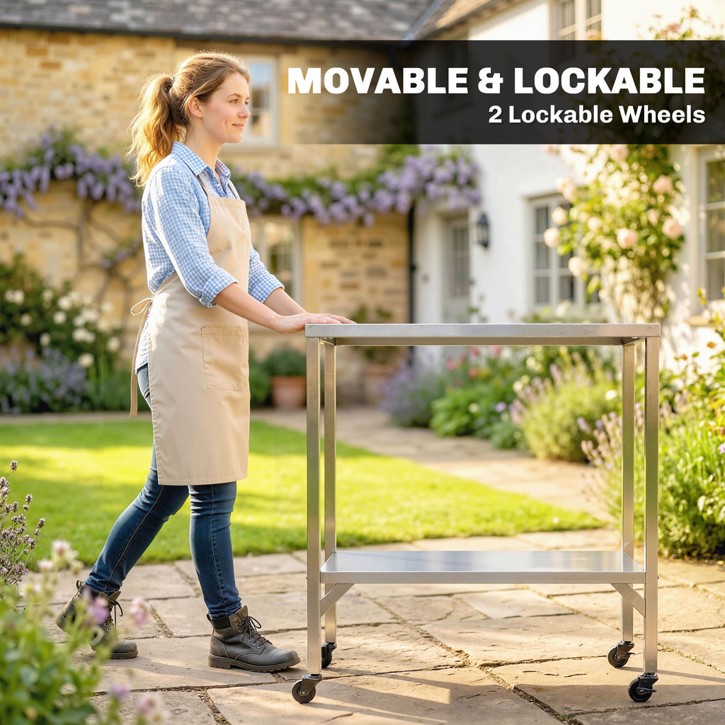 Outdoor Grill Cart with Stainless Steel Tabletop, Pizza Oven Stand with Shelf, Lockable Wheels, Rolling BBQ Table