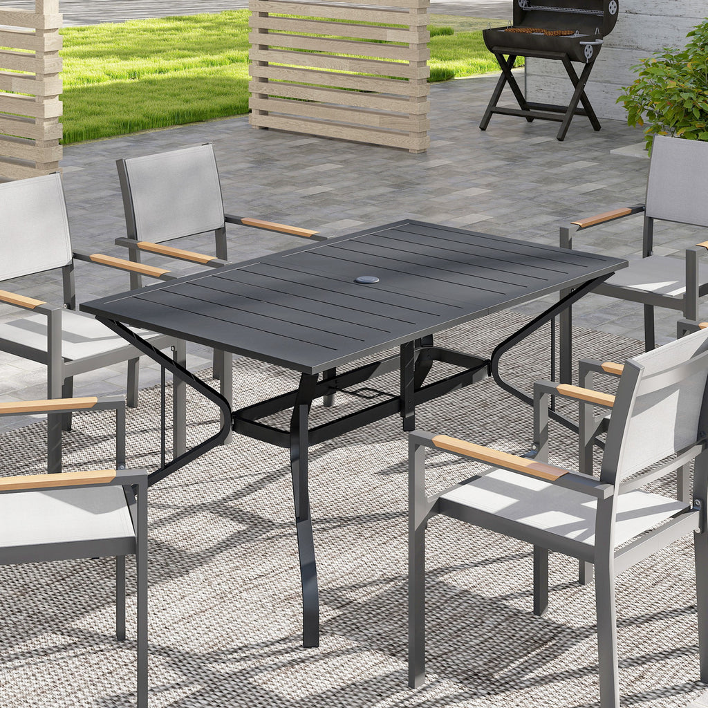 Rectangle Patio Dining Table with Umbrella Hole, Outdoor Dining Table for 6 with Steel Frame for Garden, Balcony, Black
