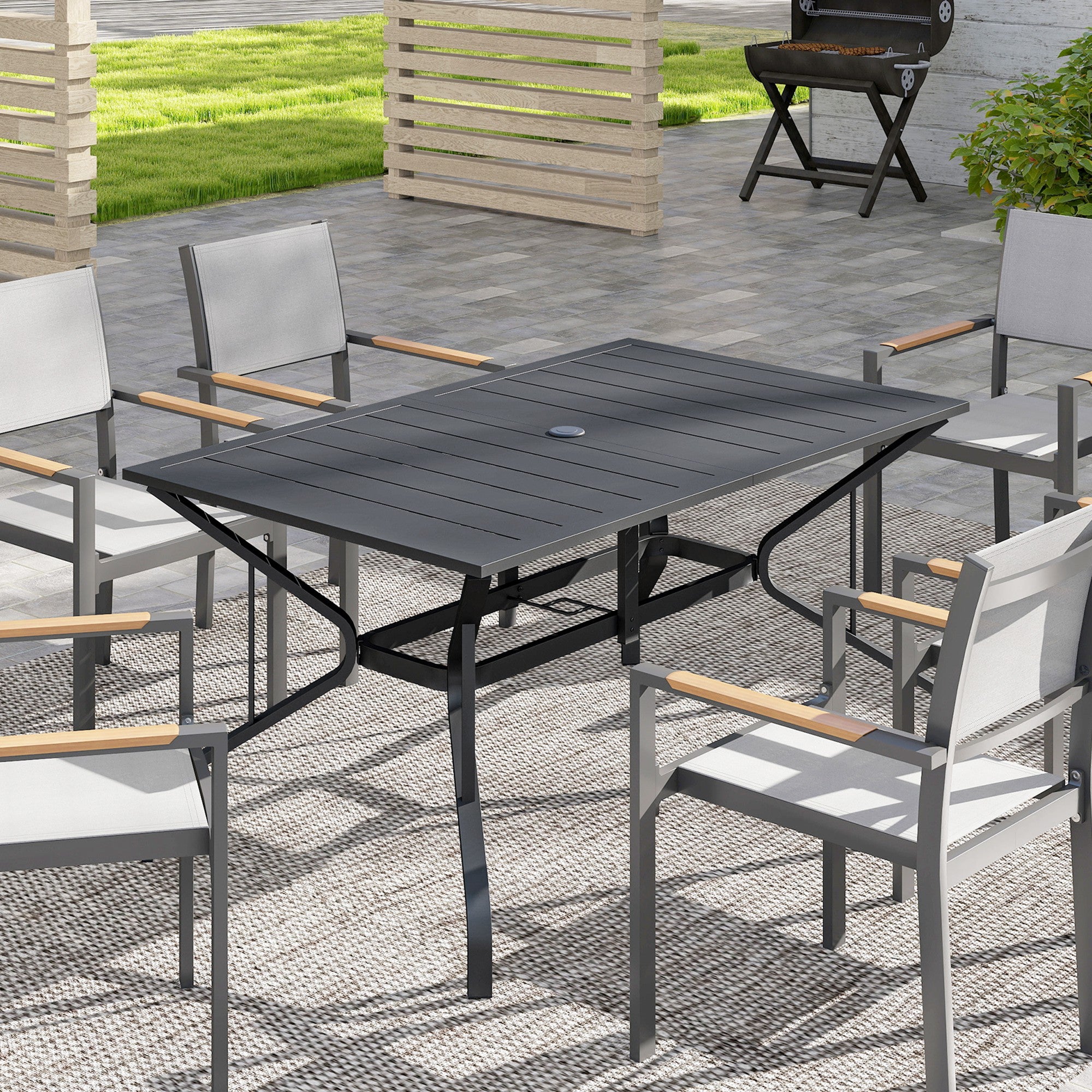 Rectangle Patio Dining Table with Umbrella Hole, Outdoor Dining Table for 6 with Steel Frame for Garden, Balcony, Black