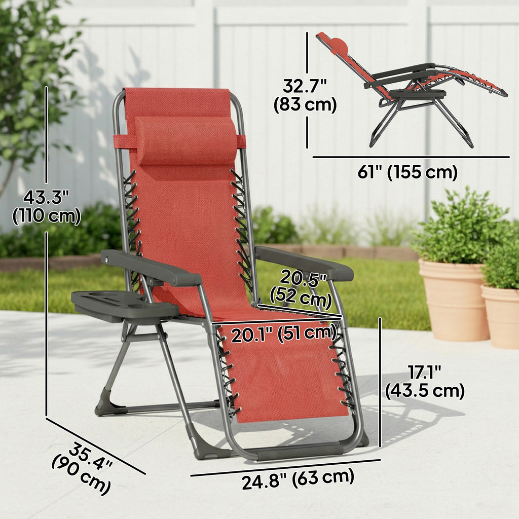 Zero Gravity Chair Set of 2, Folding Reclining Outdoor Lounge Chair with Cup Holder, Headrest, Wine Red