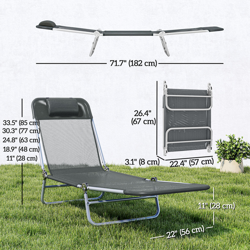 Folding Outdoor Lounge Chair, Reclining Tanning Chair with 5-Position Adjustable Backrest, Dark Grey