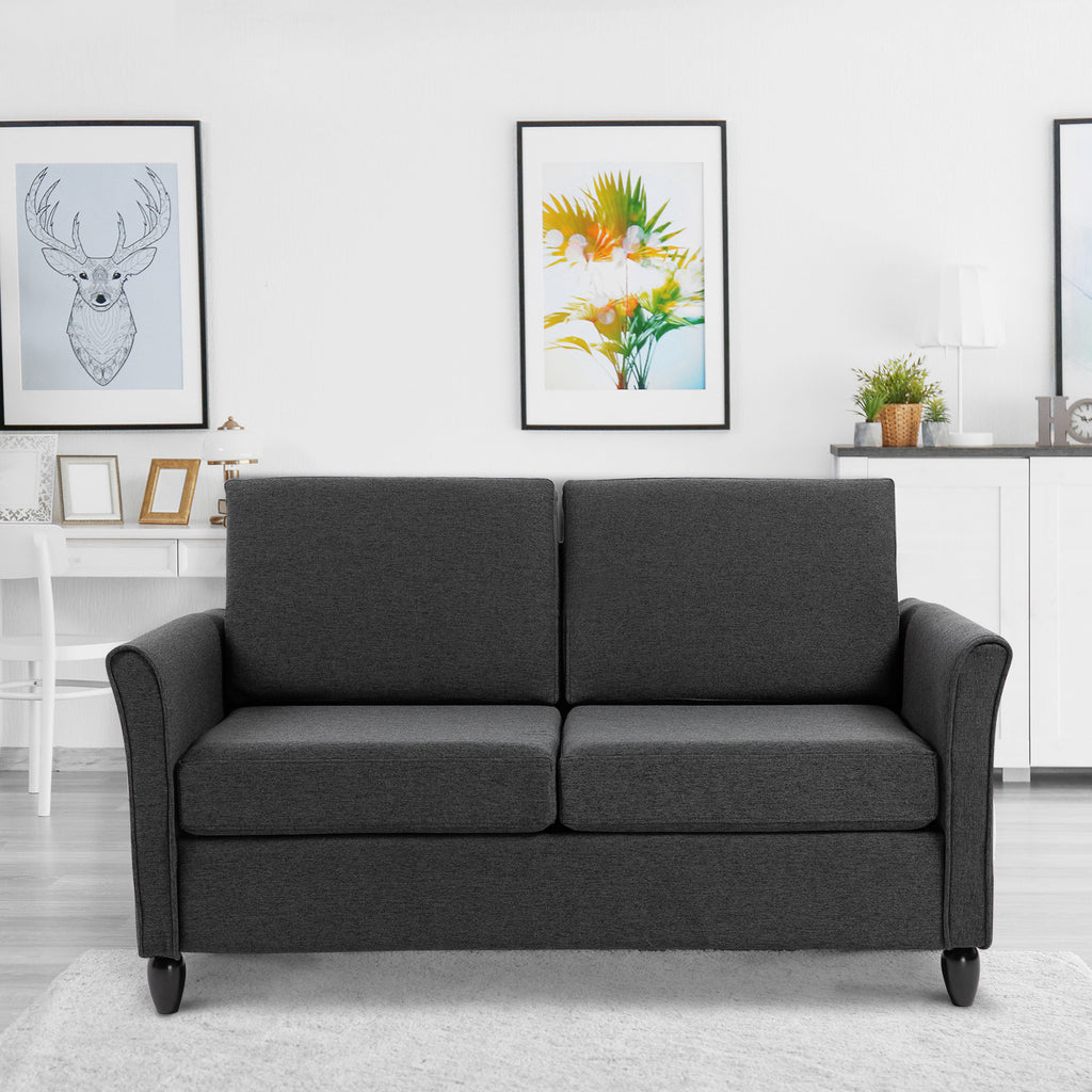 2-Seat Sofa Two-Seater Couch with Armrests and Wood Legs for Living Room, Bedroom, Dark Grey