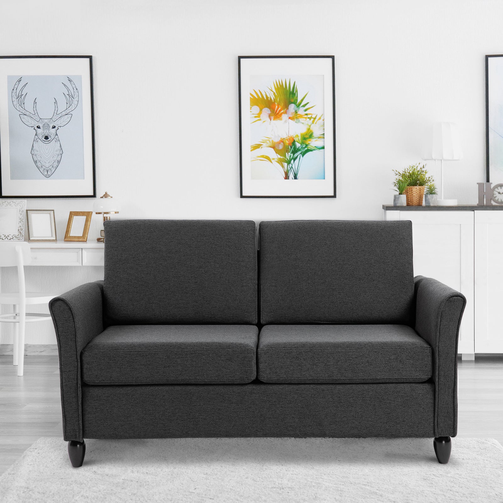 2-Seat Sofa Two-Seater Couch with Armrests and Wood Legs for Living Room, Bedroom, Dark Grey