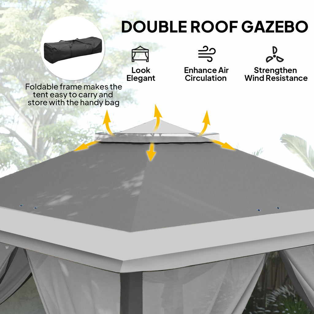 11' x 11' Pop Up Gazebo, Double Roof Foldable Height Adjustable Canopy Tent with Mesh Sidewalls, Carrying Bag, Dark Grey