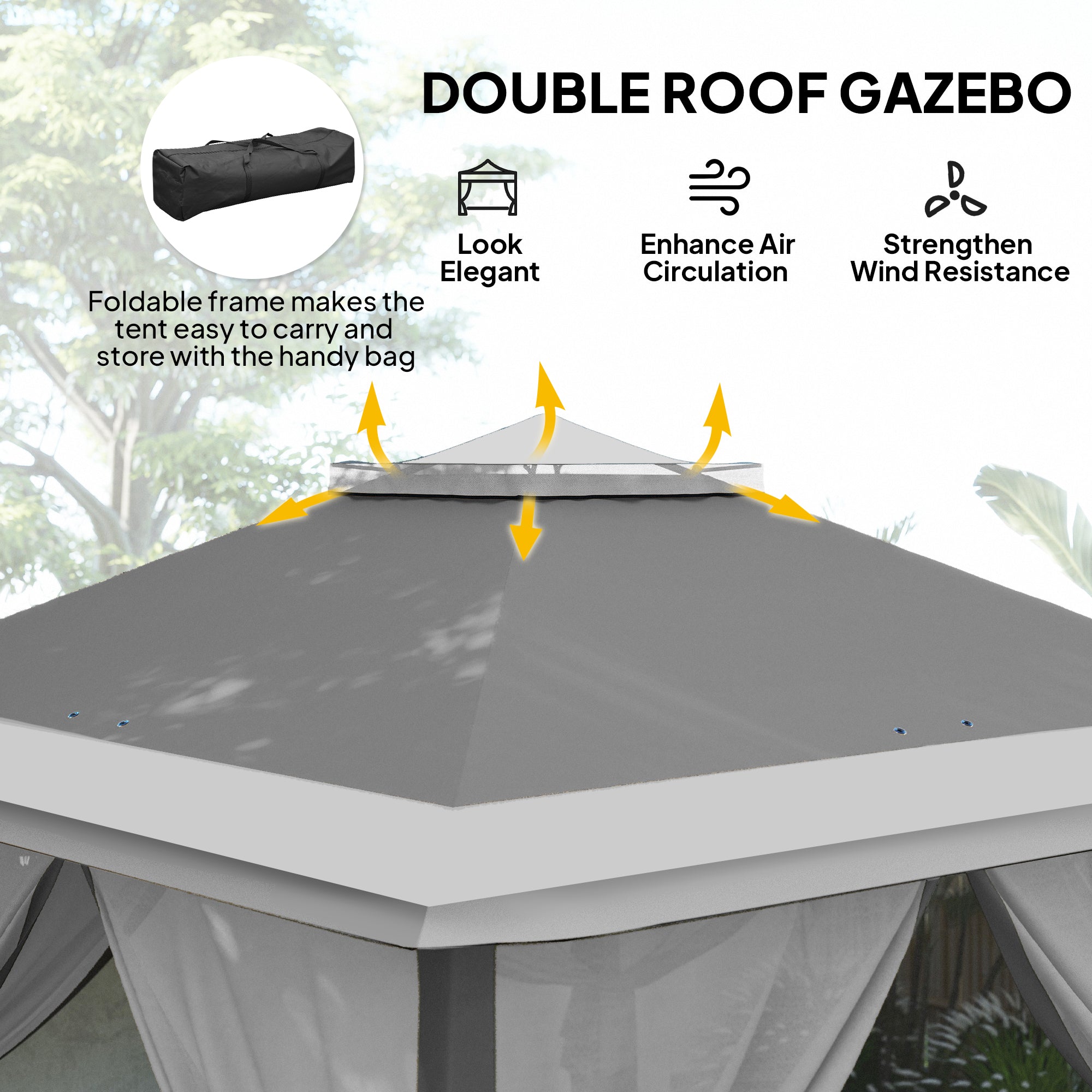11' x 11' Pop Up Gazebo, Double Roof Foldable Height Adjustable Canopy Tent with Mesh Sidewalls, Carrying Bag, Dark Grey