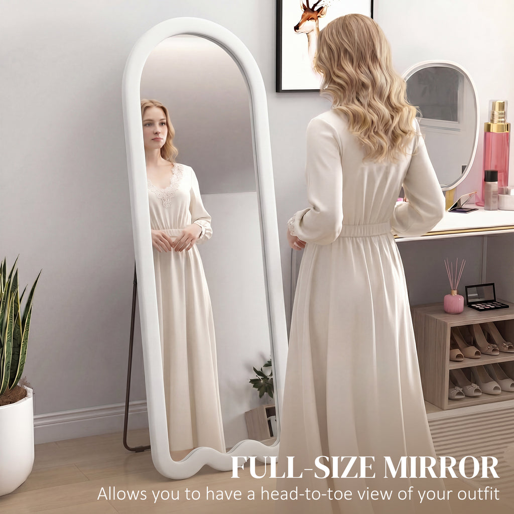 64" x 24" Full Length Mirror, Floor Mirror Hanging or Wall Mount, with Arched Wavy Bottom Velvet Frame for Bedroom