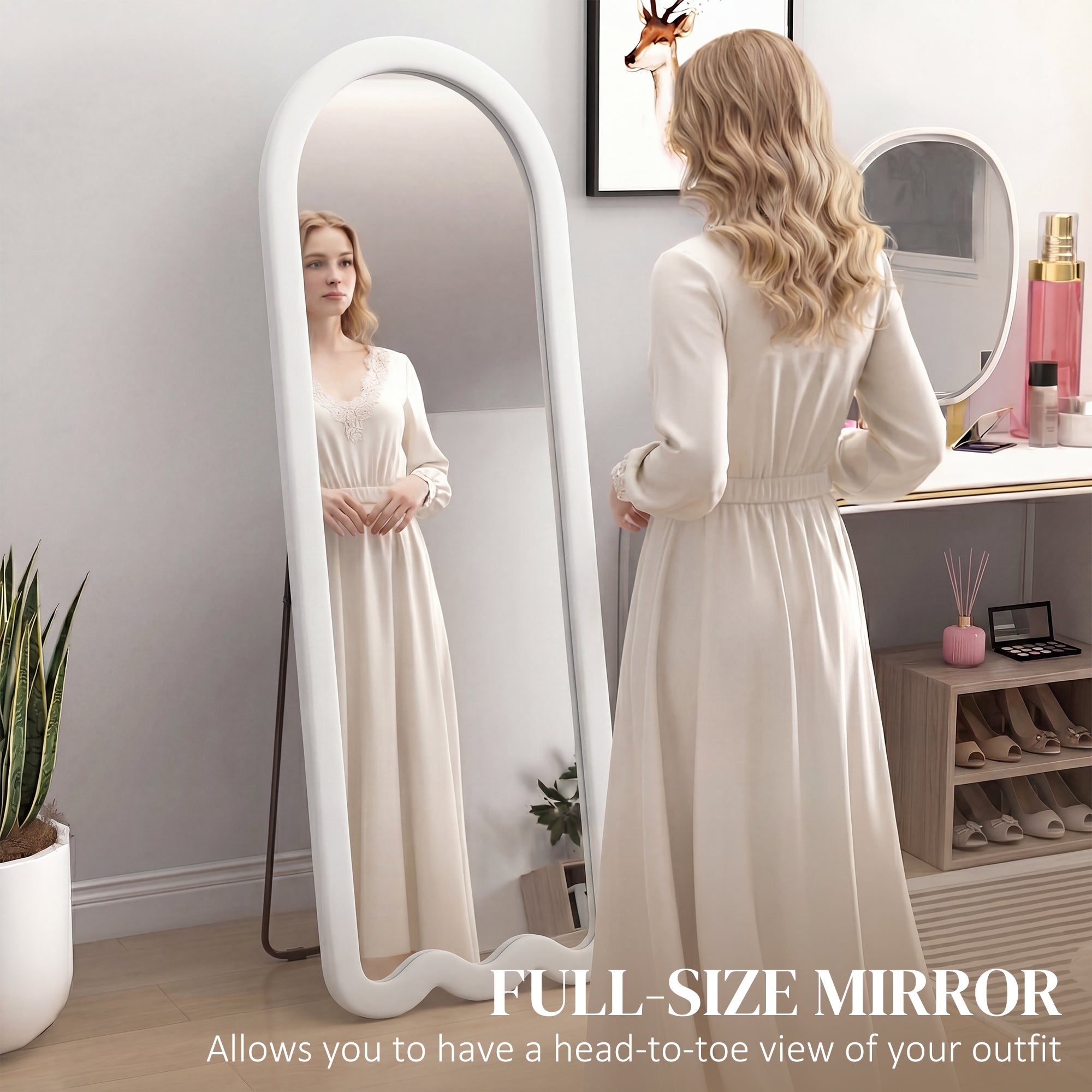64" x 24" Full Length Mirror, Floor Mirror Hanging or Wall Mount, with Arched Wavy Bottom Velvet Frame for Bedroom