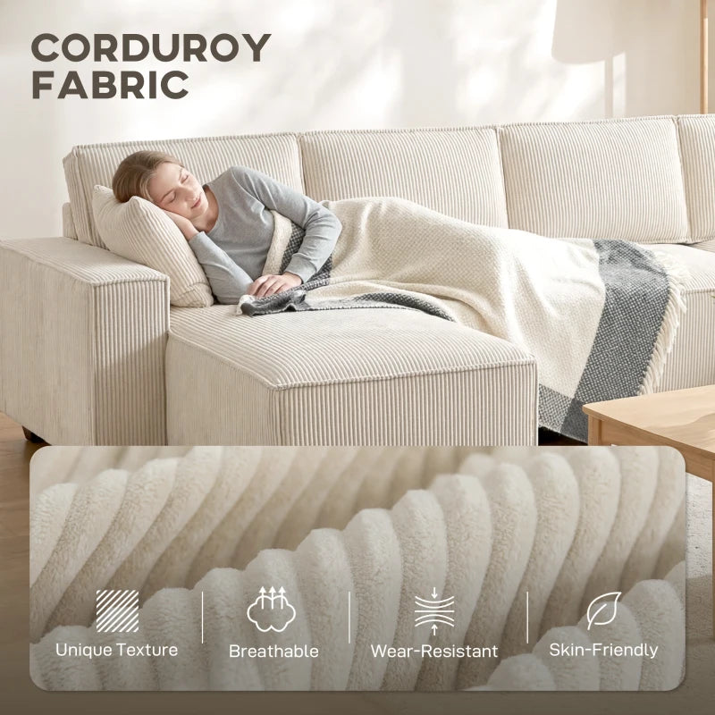Beige sectional couch with double chaise design and supportive spring cushions