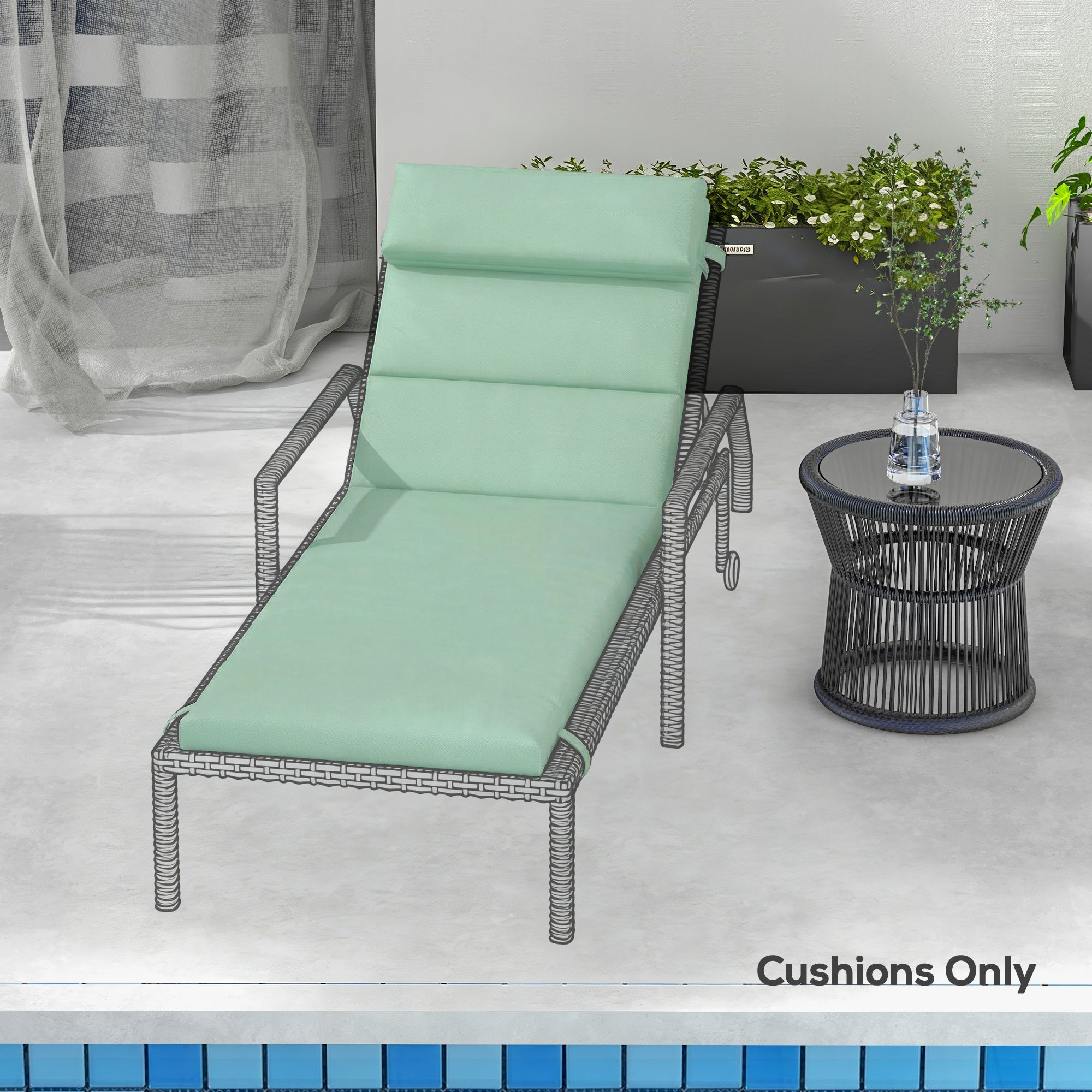 Patio Chaise Lounge Chair Cushion Replacement Sun Lounger Pad with Headrest and Ties, Green