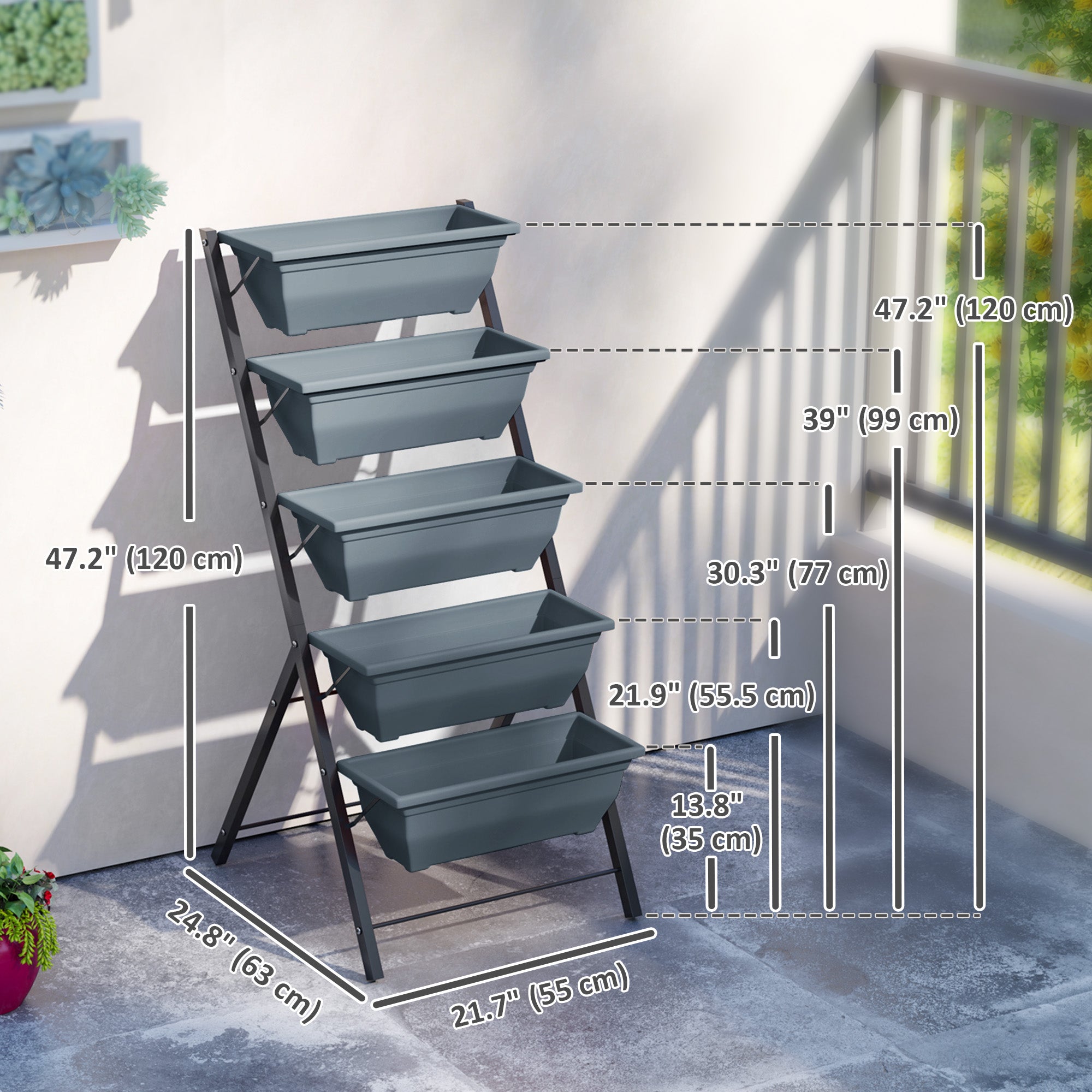 5-Tier Raised Garden Bed Plant Stand Flower Pots with Leaking Holes Grey
