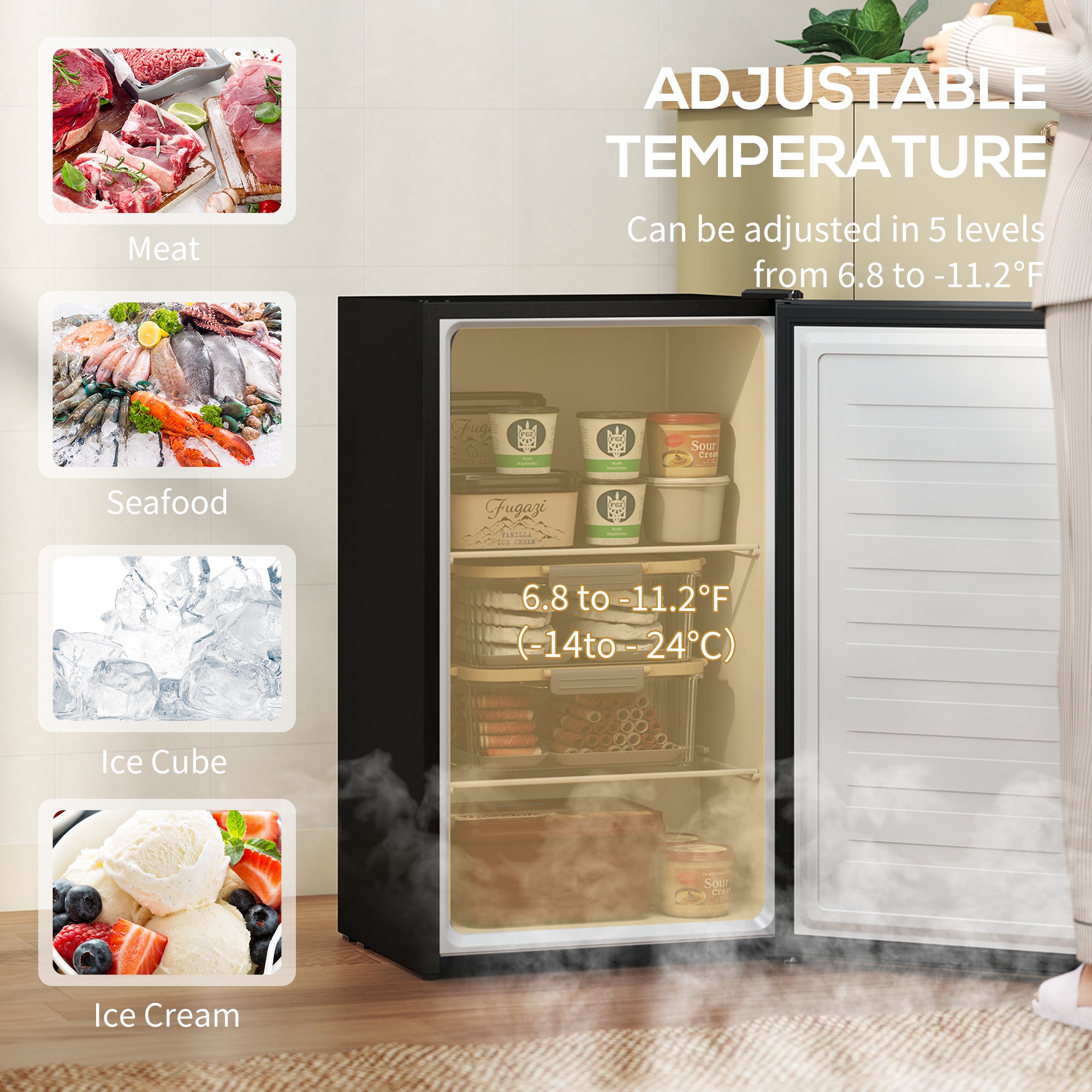 2.1 Cu. Ft. Mini Freezer, Compact Upright Freezer with Reversible Door, Removable Shelf, Adjustable Temperature, Black