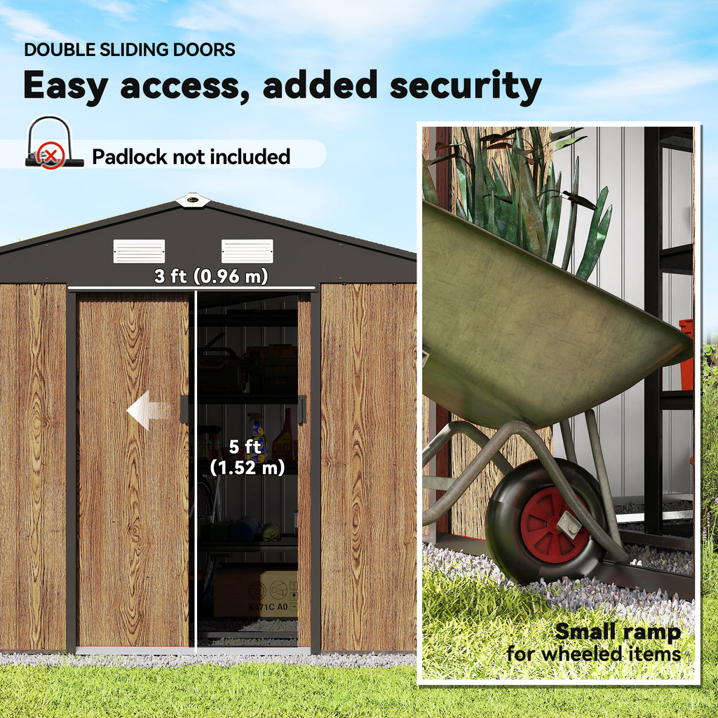 9.1'x6.4'x6.3' Garden Storage Shed, Outdoor Storage Tool House with Vents, Foundation and Lockable Double Doors, Teak