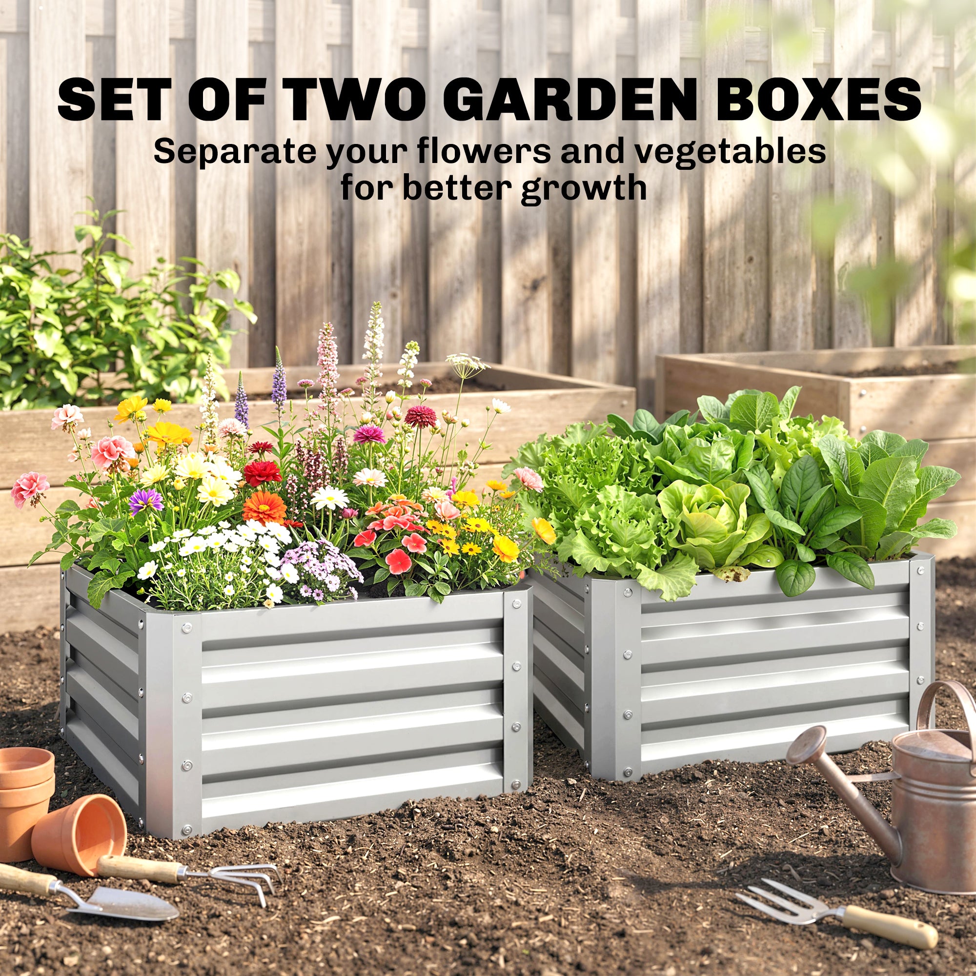 Set of 2 Raised Garden Bed, 2 x 2 x 1ft Steel Planters for Outdoor Plants, Elevated Planter Box, Easy-to-assemble, for Flowers Herbs and Vegetables, Silver
