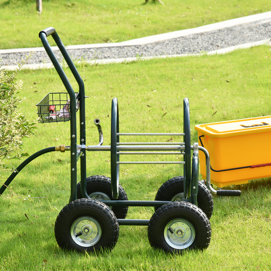 Garden Hose Reel Cart, Portable Hose Organizer with Hose Guide System, 4 Wheels & Storage Basket for Yard, Garden, Farm