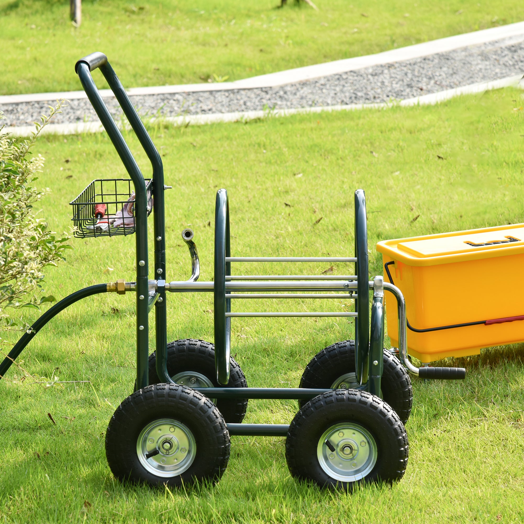 Garden Hose Reel Cart, Portable Hose Organizer with Hose Guide System, 4 Wheels & Storage Basket for Yard, Garden, Farm