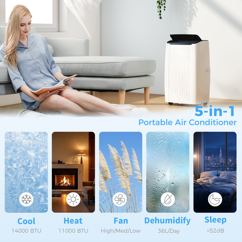 14000 BTU 5-in-1 Portable Air Conditioner with Cool, Heat, Dehumidifier, Fan, Sleep, WiFi Voice Control, White