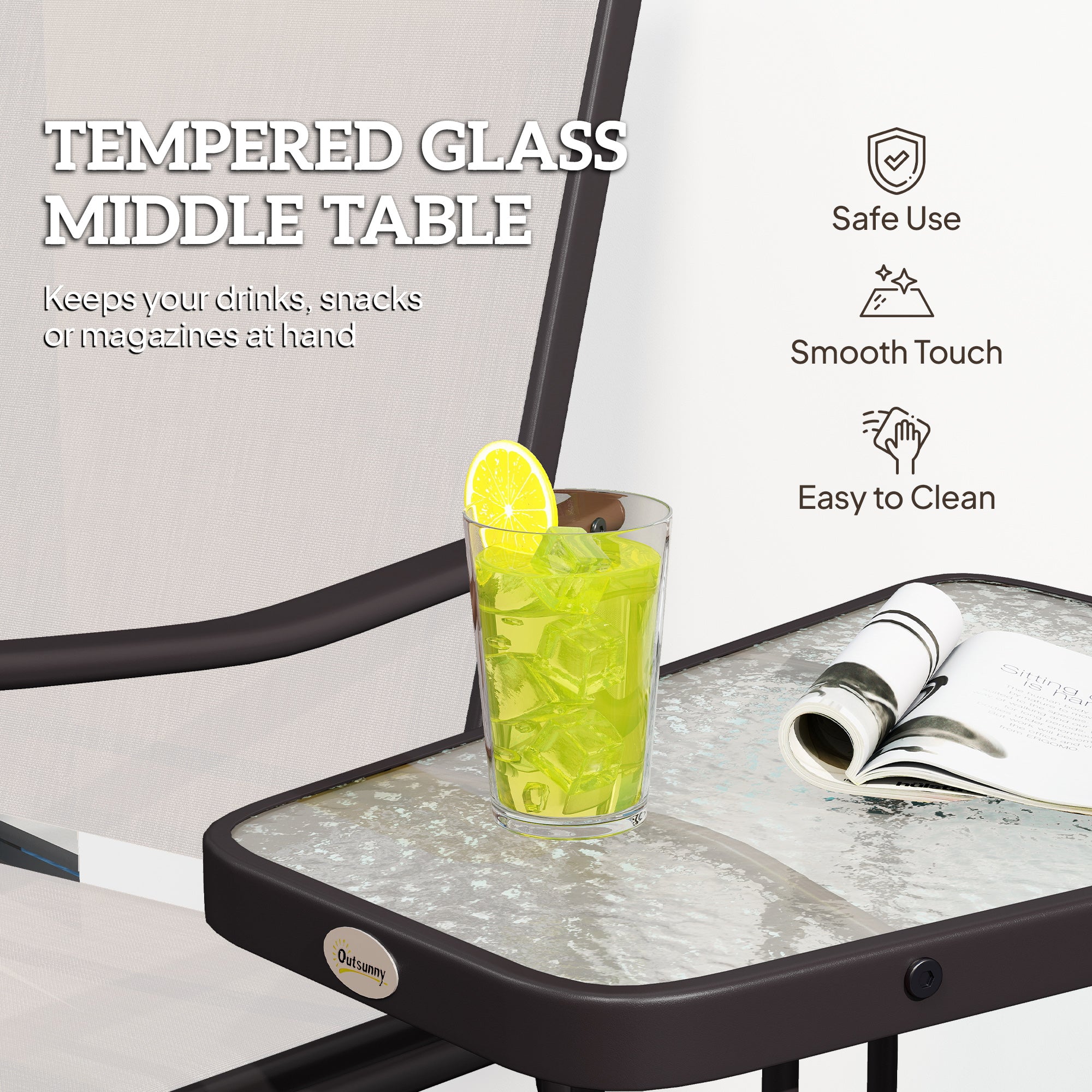 Double Patio Glider Chair with Glass Top Center Table, Outdoor Glider Loveseat with High Back,  All Weather Breathable Mesh Fabric for Garden, Backyard, Deck, Beige
