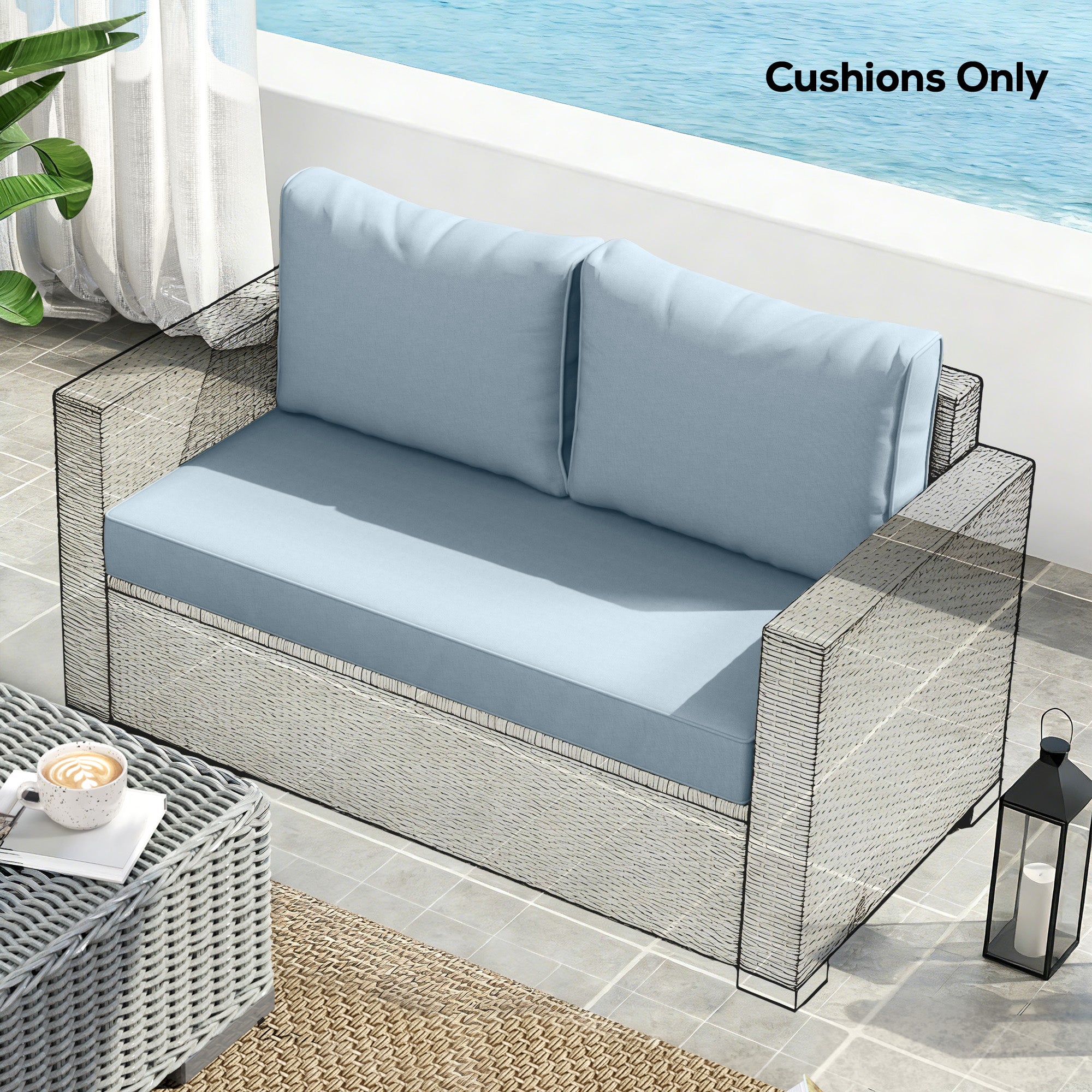 Outdoor Seat Cushions with Backrest, Loveseat Double Sofa Outdoor Furniture Cushions, Light Blue
