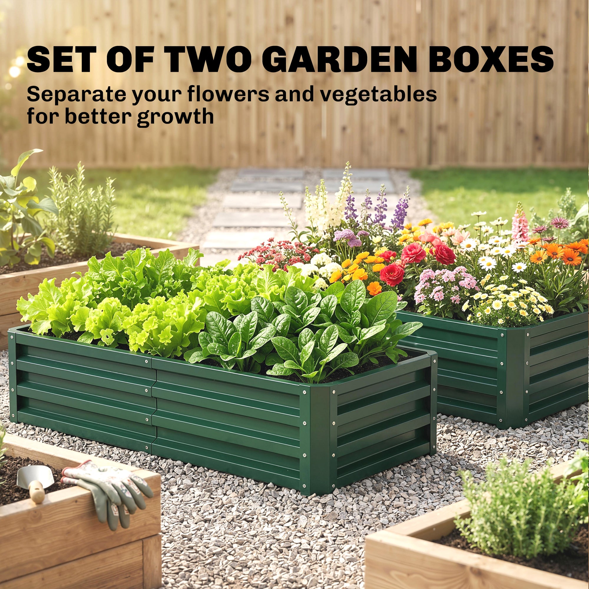 4' x 2' x 1' Raised Garden Bed, Set of 2 Galvanized Planter Box for Vegetables, Flowers, Herbs, Green