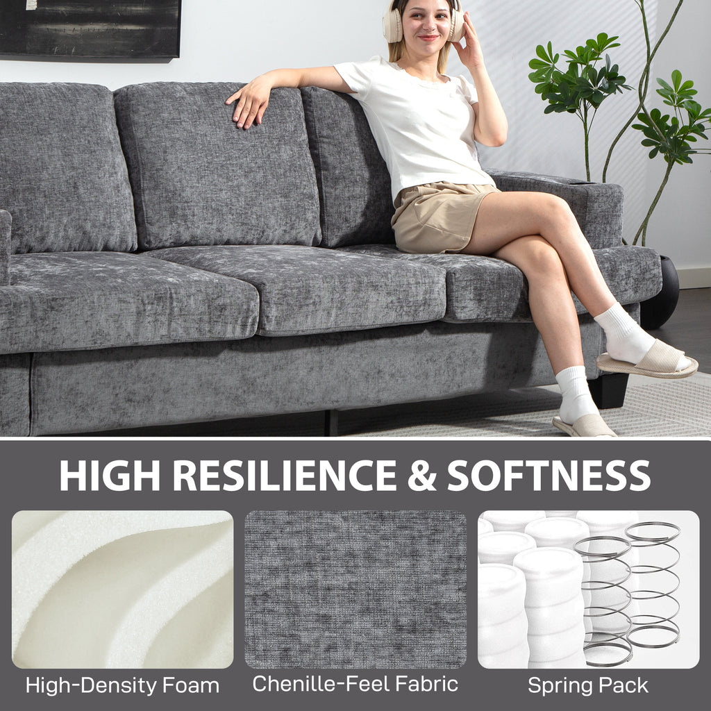 3 Seater Sofa with USB Ports & Cup Holders, Chenille-Feel Upholstered Couch for Living Room, Grey
