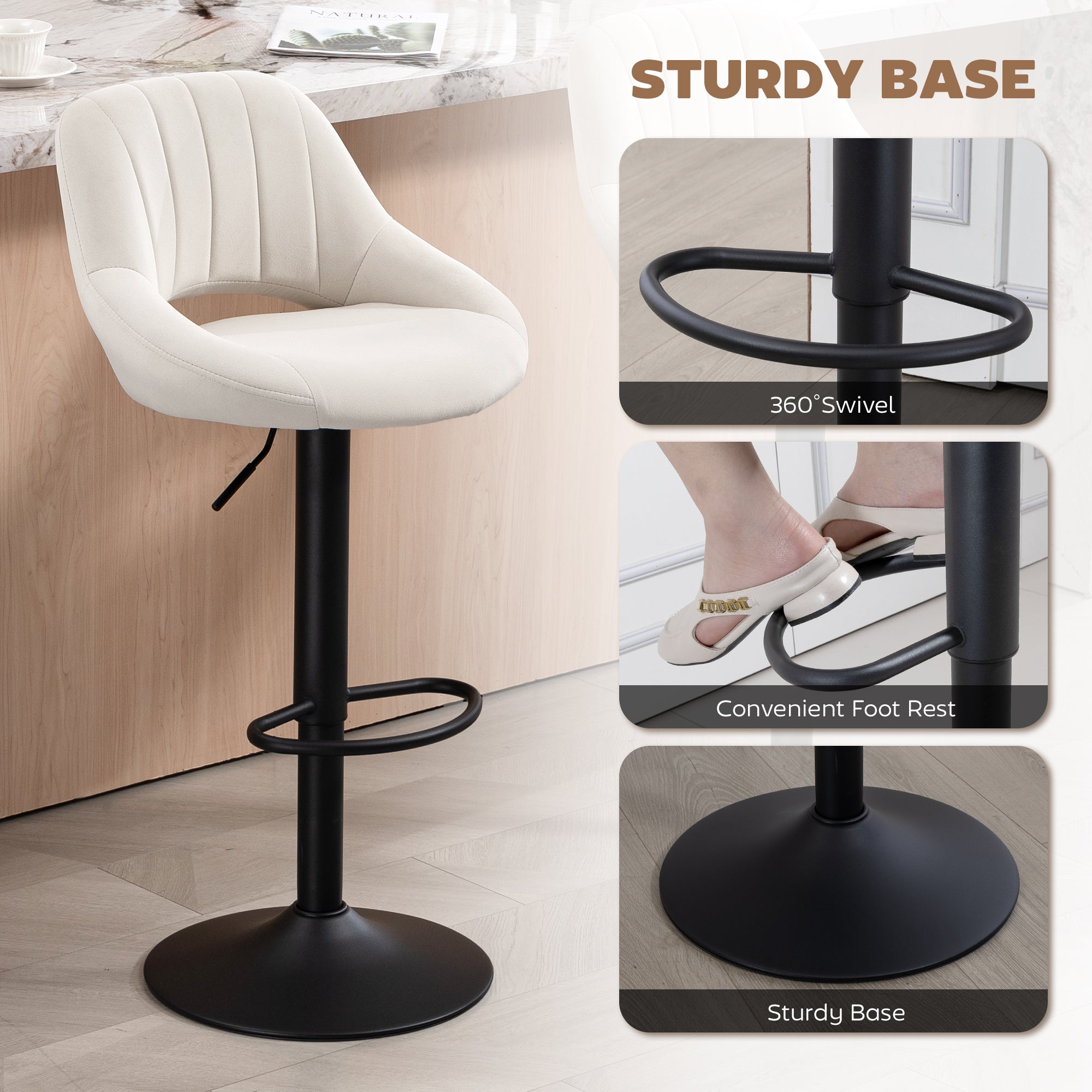 Bar Stools Set of 2, Swivel Counter Height Barstools with Adjustable Height and Cutout Back, Velvet Upholstered Bar Chairs with Round Metal Base and Footrest, Cream