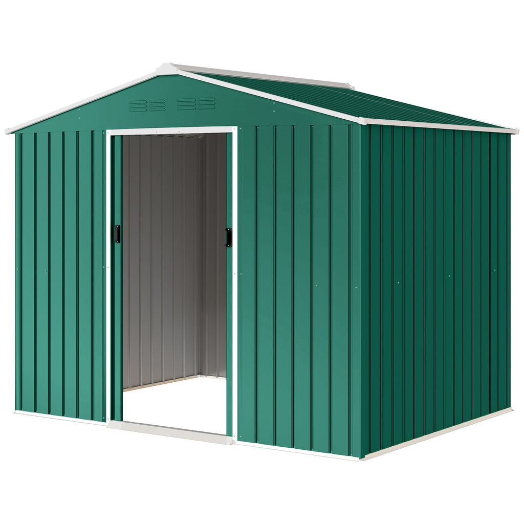 8' x 6' Outdoor Storage Shed, Metal Garden Tool Storage House with Lockable Sliding Doors and Vents, Green