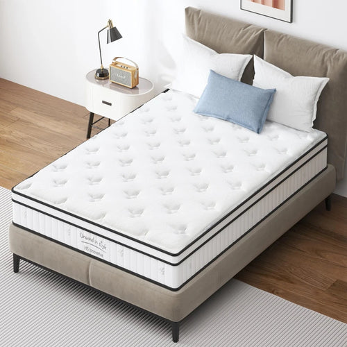 10 inch full size hybrid mattress with memory foam and pocket springs, white