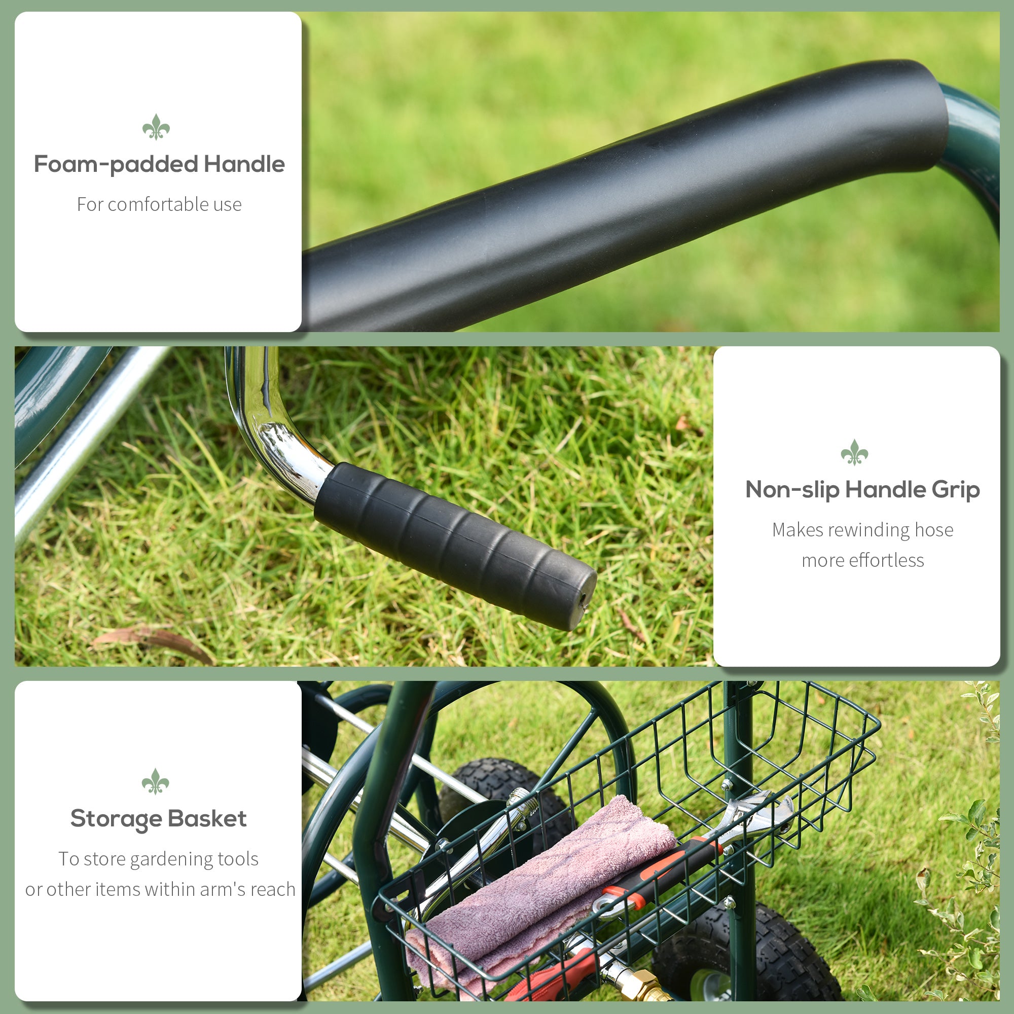 Garden Hose Reel Cart, Portable Hose Organizer with Hose Guide System, 4 Wheels & Storage Basket for Yard, Garden, Farm