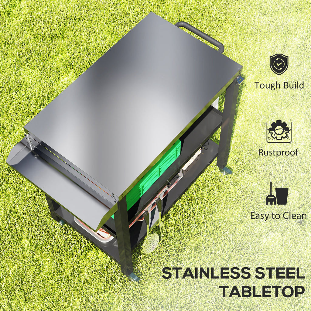 Outdoor Kitchen Bar Cart BBQ Table with Wheels, Stainless Steel Pizza Oven Stand, Movable Prep Table with Hooks
