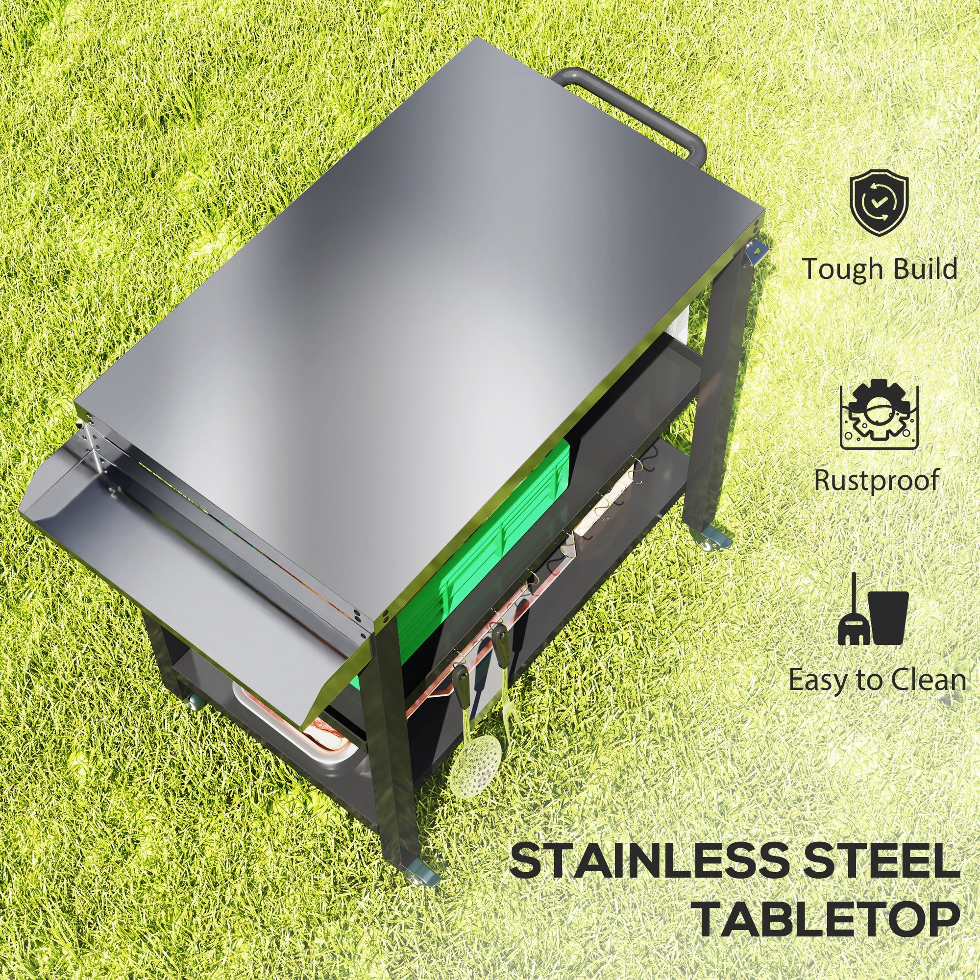 Outdoor Kitchen Bar Cart BBQ Table with Wheels, Stainless Steel Pizza Oven Stand, Movable Prep Table with Hooks