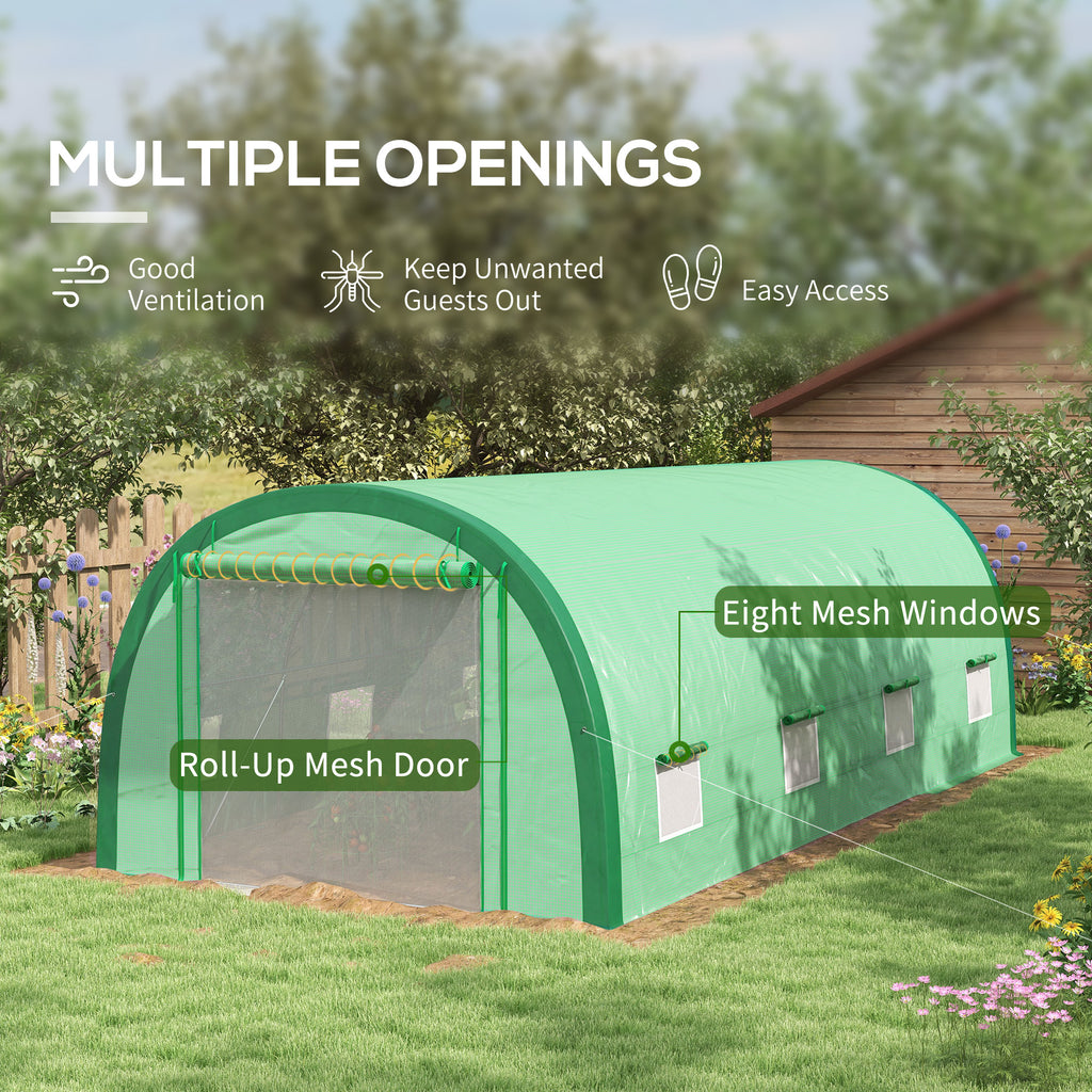 19.5' x 10' x 6.5' Upgraded Tunnel Greenhouse Green House with Mesh Door and Windows, 15 Plant Labels and Gloves, Green