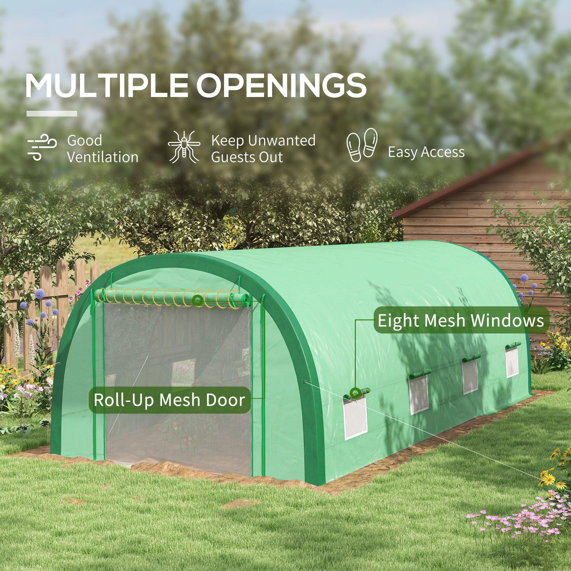 19.5' x 10' x 6.5' Upgraded Tunnel Greenhouse Green House with Mesh Door and Windows, 15 Plant Labels and Gloves, Green