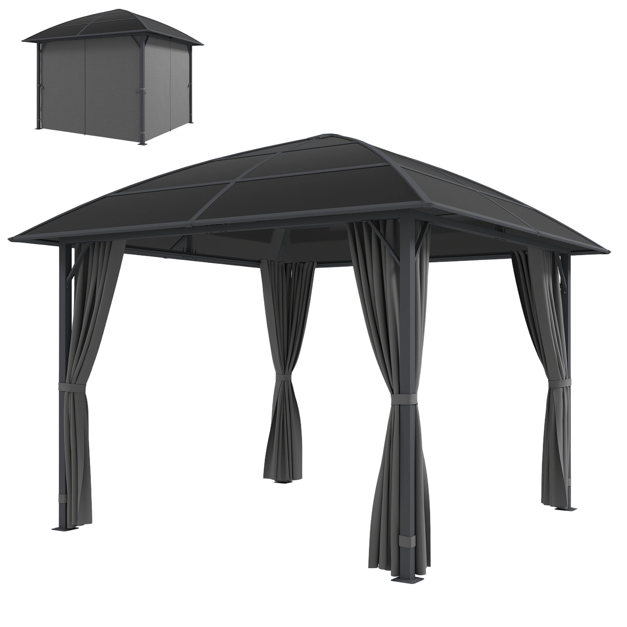 10' x 10' Outdoor Hardtop Gazebo Canopy withÂ UV60+ Polycarbonate Roof, Steel Frame, Central Hook,Â Curtains, Light Grey