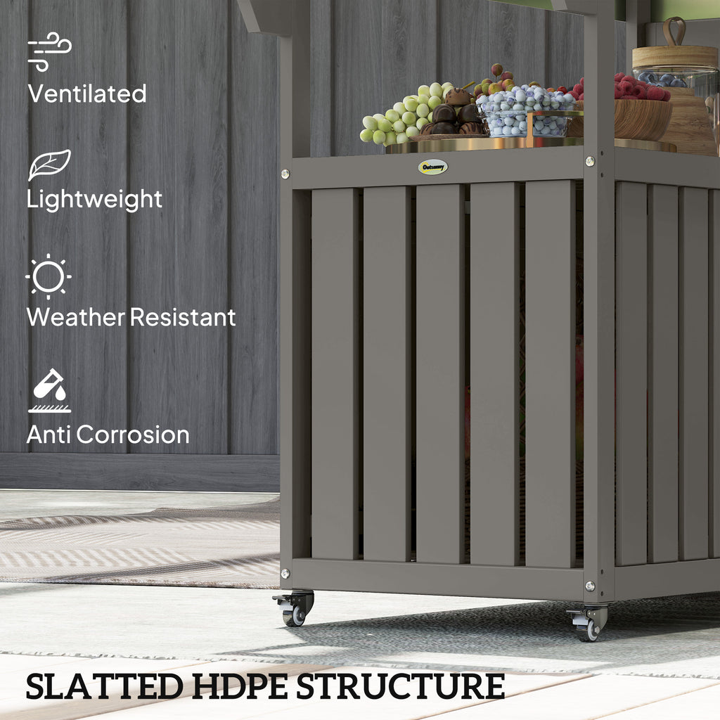 Outdoor Bar Cart with Storage Cabinet, Stainless Steel Outdoor Bar Table Top, Wheeled HDPE Kitchen Island for Food Prep