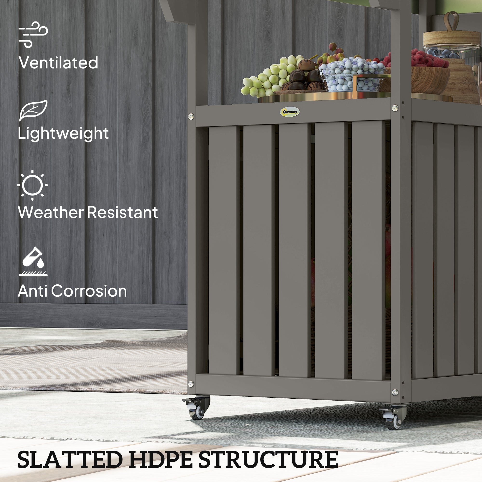 Outdoor Bar Cart with Storage Cabinet, Stainless Steel Outdoor Bar Table Top, Wheeled HDPE Kitchen Island for Food Prep