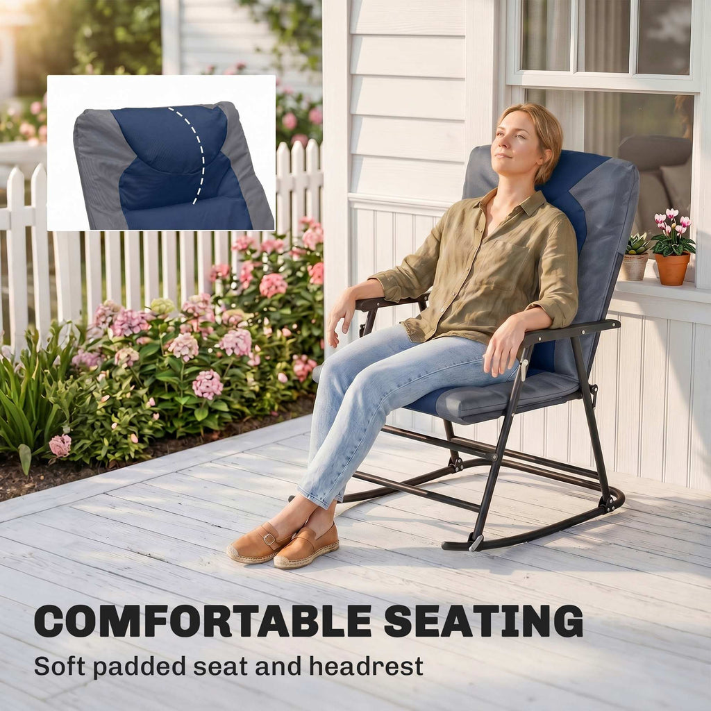 3pc Patio Foldable Rocking Chair Set, Outdoor Rocking Chairs and Table Bistro Set w/ Padded Seat, Headrest, Backrest for park, backyard, garden, Blue