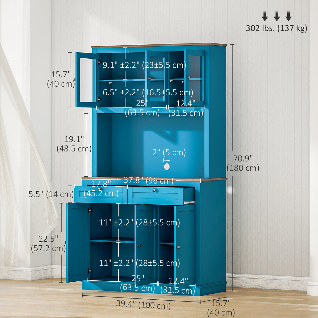 71" Pantry Cabinet with Microwave Space, Buffet with Hutch, 2 Drawers, Adjustable Shelves and Glass Doors, Navy Blue