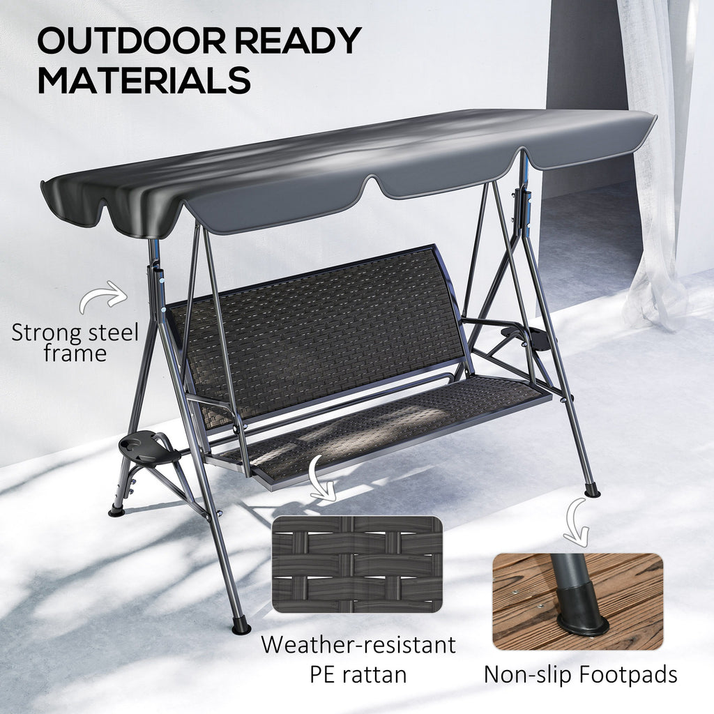 3-Seat Patio Swing Chair, Outdoor Canopy Swing Glider with Adjustable Shade, Grey