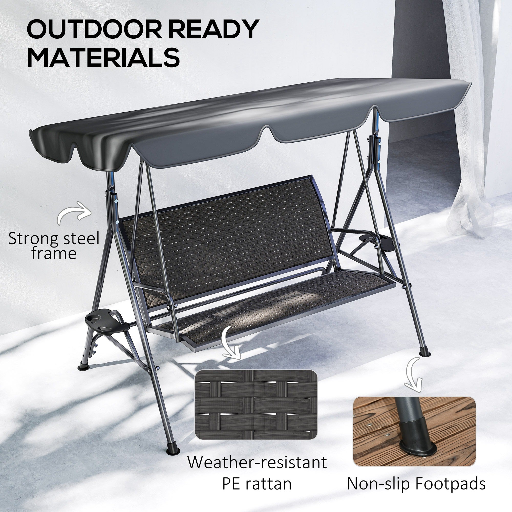 3-Seat Patio Swing Chair, Outdoor Canopy Swing Glider with Adjustable Shade, Grey