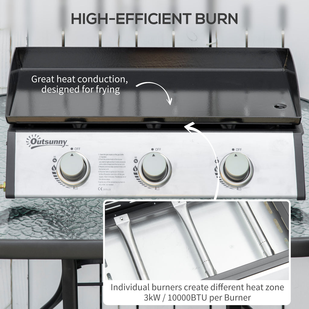 3 Burner Liquefied Gas Grill, Portable Tabletop BBQ Grill, for Camping, Picnic, Silver