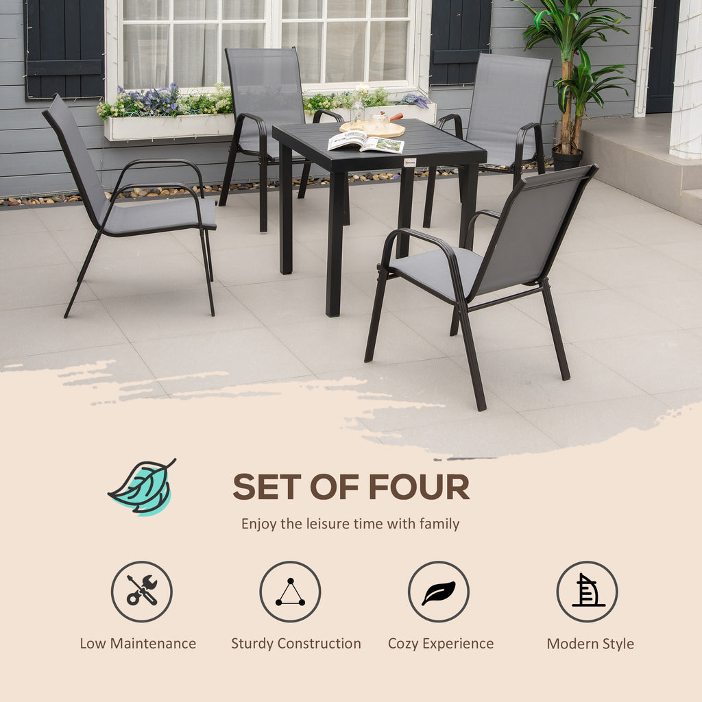 Set of 4 Outdoor Dining Chairs, Heavy Duty Stackable Patio Dining Set with Armrests for Balcony Garden, Dark Grey