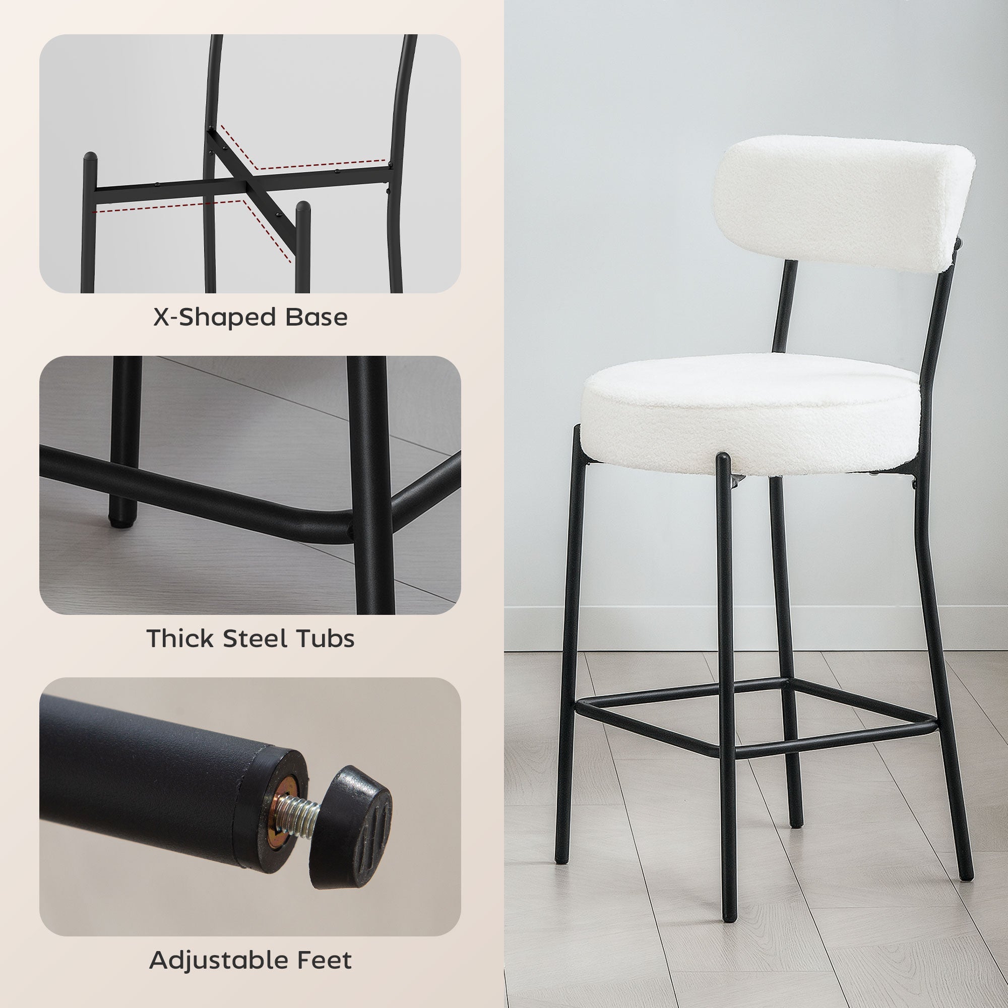 Set of 2 Barstools, Upholstered Bar Stools with Backrest, Footrest for Kitchen Island, Dining Room, Cream White