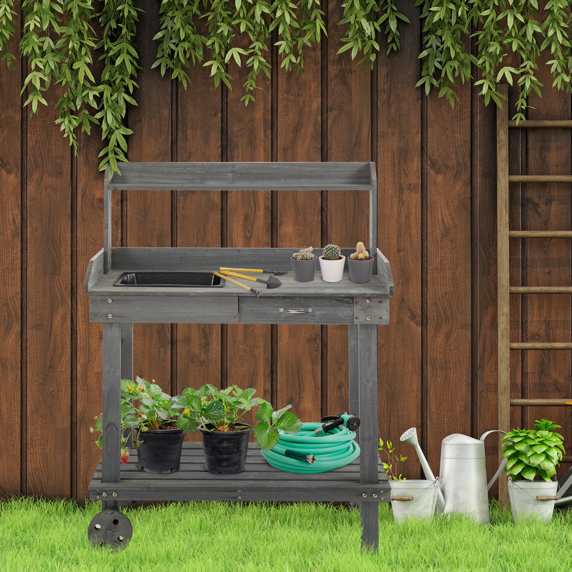 36" Wooden Potting Bench Work Table with 2 Removable Wheels, Sink, Drawer & Large Storage Spaces, Gray