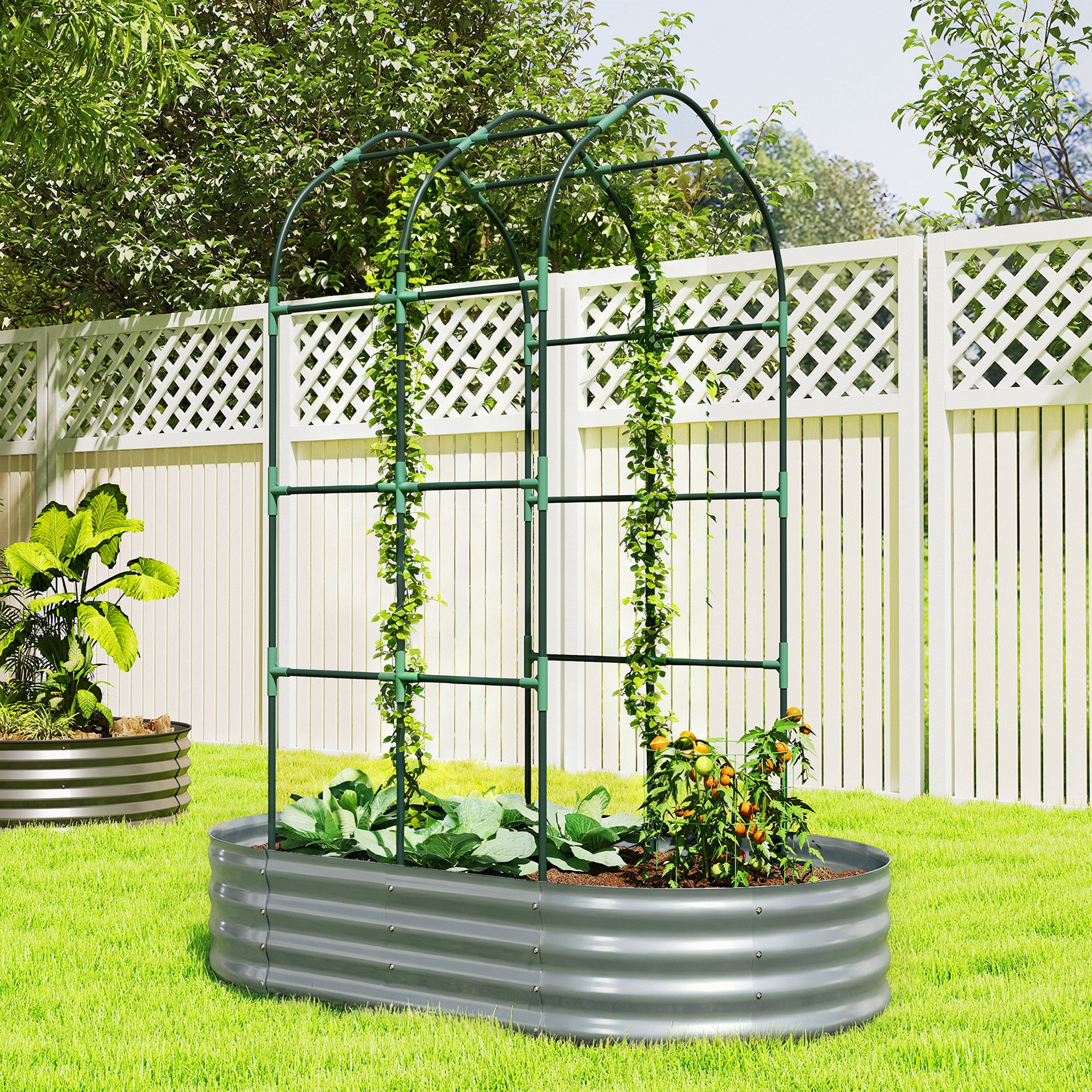 Galvanised Raised Garden Bed with Arched Trellis, 5 x 3 x 6ft Metal Outdoor Planter Box with Open Bottom, Silver