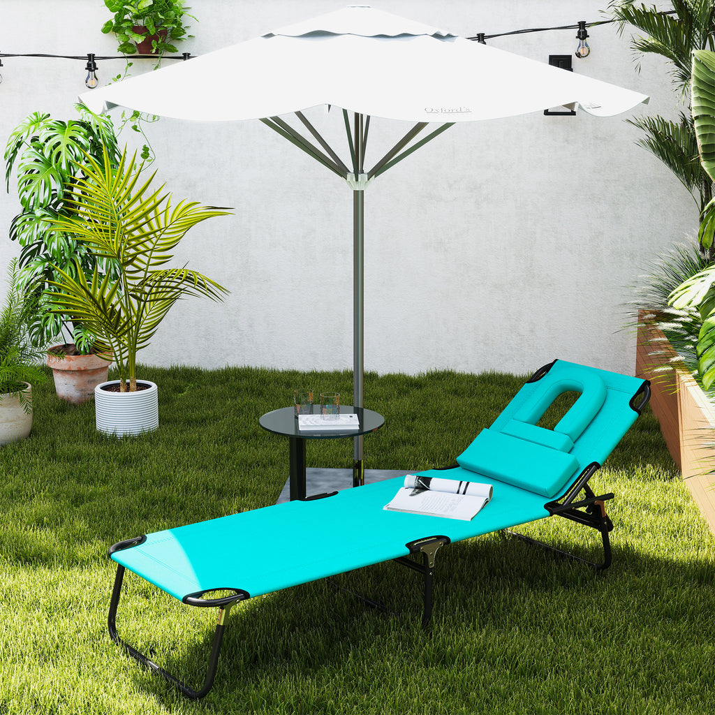 Folding Outdoor Lounge Chair, Portable Reclining Beach Lounger with Face Hole, Detachable Pillow, 3-Position Adjustable Backrest, For Patio, Garden, Poolside, Green
