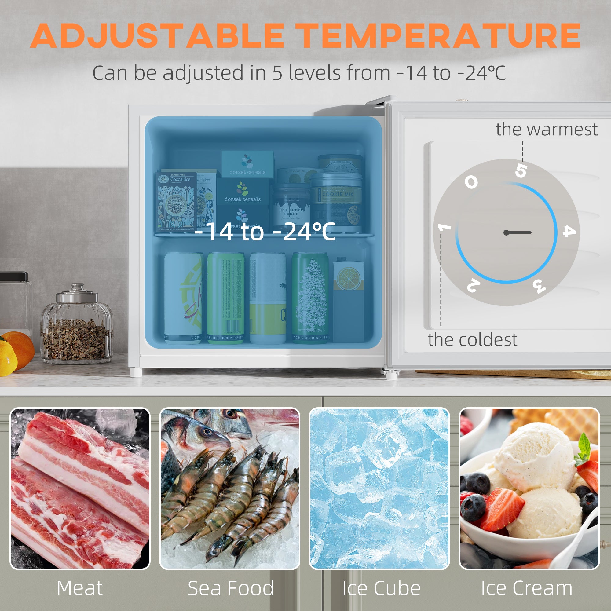 1.1 Cu. Ft. Mini Freezer, Compact Upright Freezer with Reversible Door, Removable Shelf, Adjustable Temperature, White