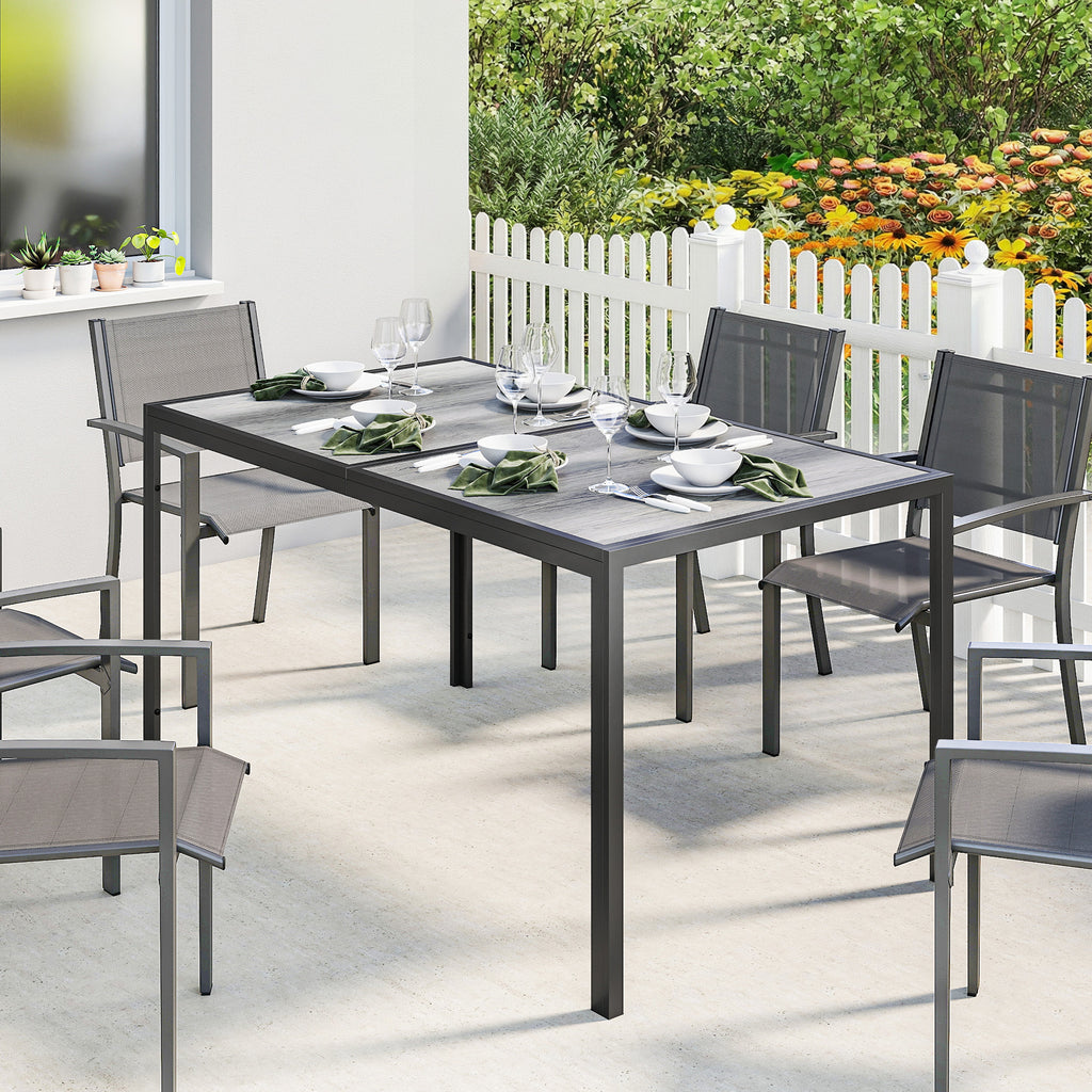 Outdoor Dining Table for 4-6, 59" Outdoor Patio Table with Metal Legs, Wood-Effect Top, Grey