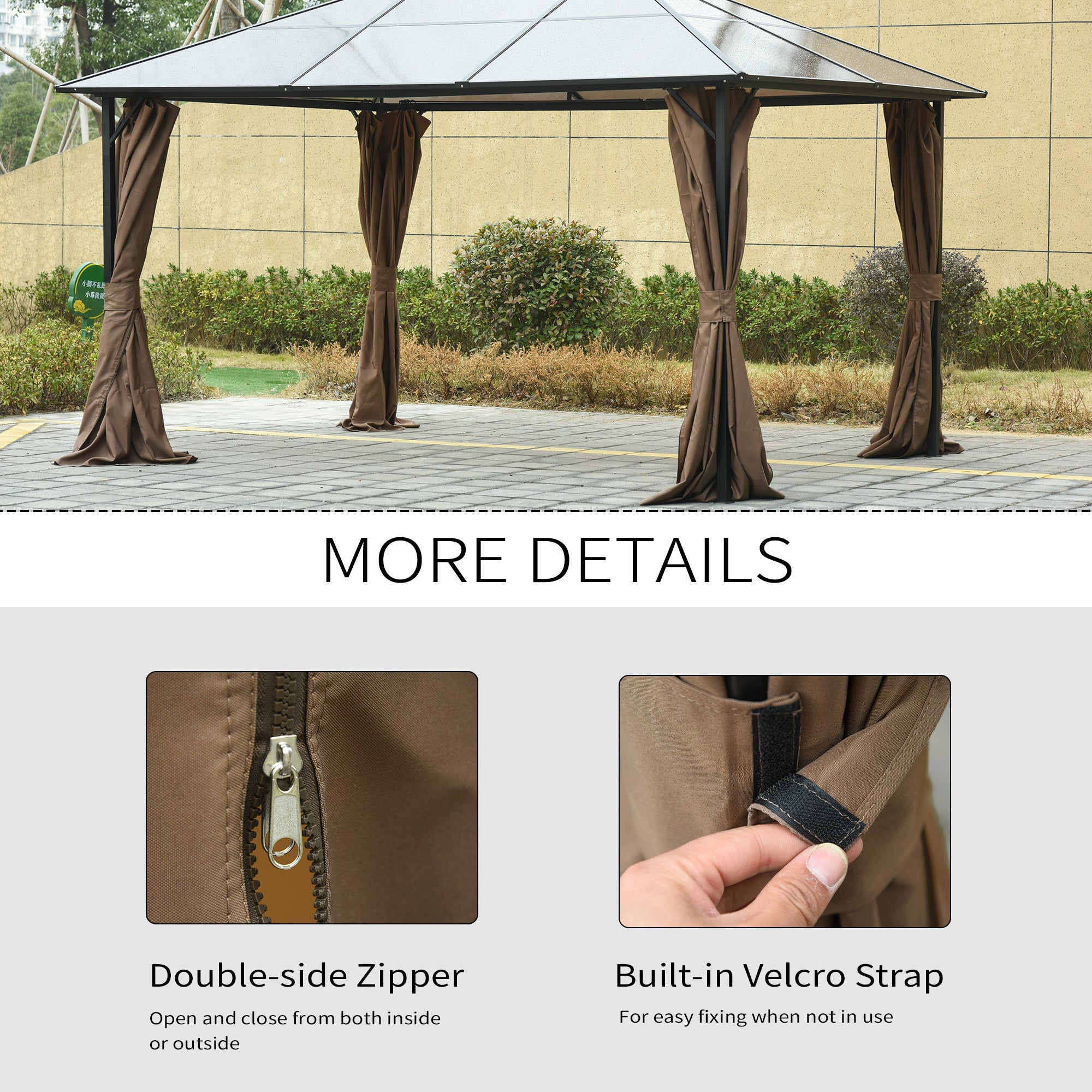 Gazebo Curtains, 10' x 12' Universal Replacement Privacy Curtain, 4-Panels Sidewall with Hooks/C-Rings, Brown