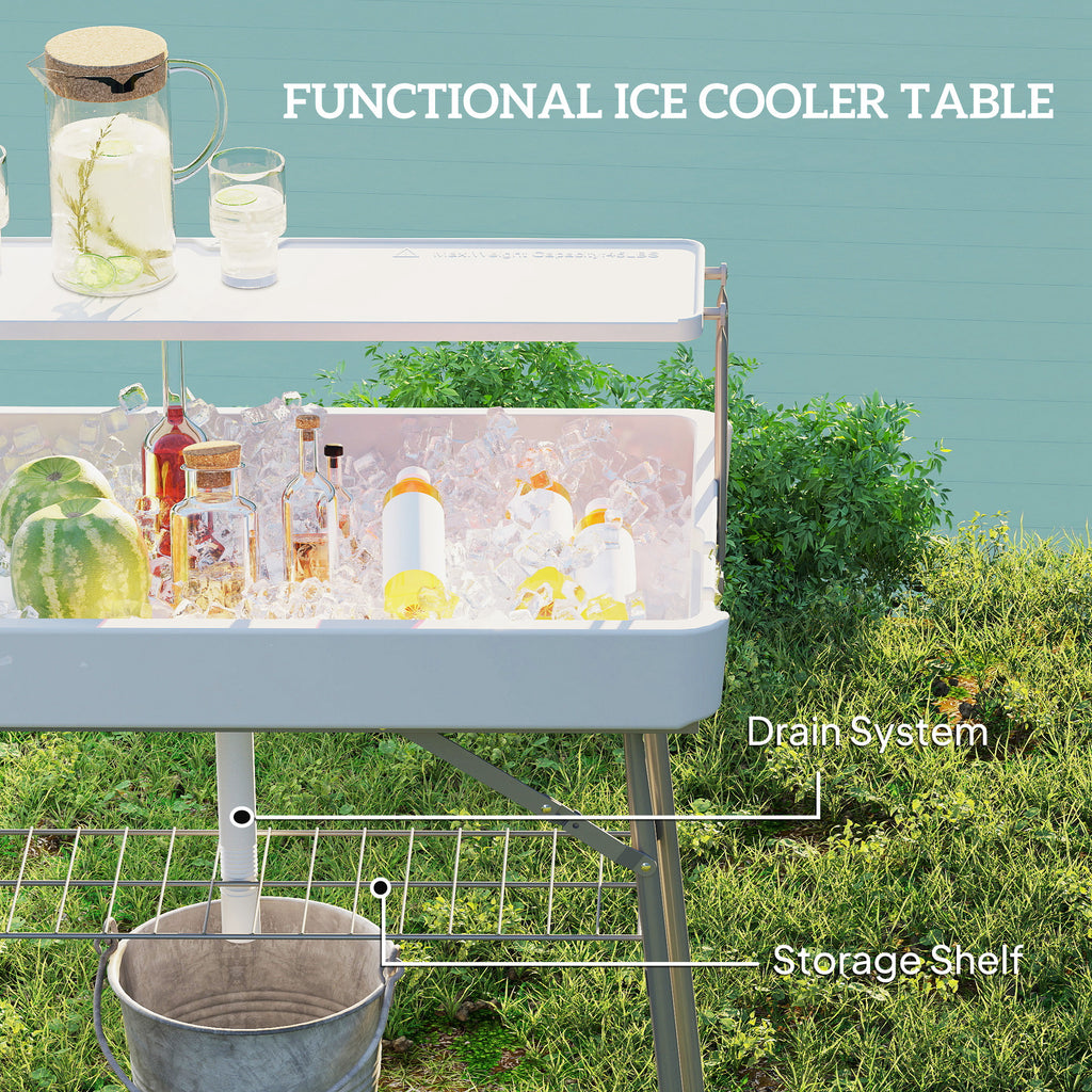 3.5ft Folding Ice Cooler Table with Drain, 2-Tier Outdoor Patio Party Cooler, Fishing Cleaning Table with Storage Shelf for Picnic BBQ Camping Wedding, White