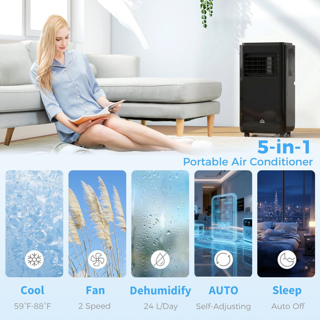 10,000 BTU Moible Air Conditioner 440 Sq. Ft., Dehumidifier Fan Auto Sleep with 24H Timer On/Off, Window Kit, Black